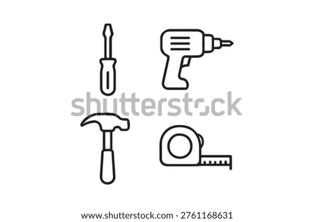 Simple black and white line art icons of a drill, hammer, screwdriver, and tape measure.