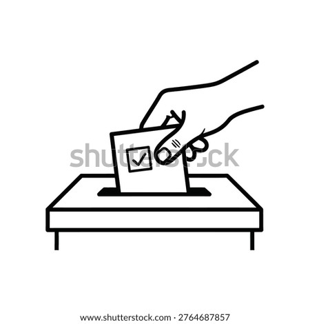 A simple black and white line art illustration showing a hand casting a vote into a ballot box Vector