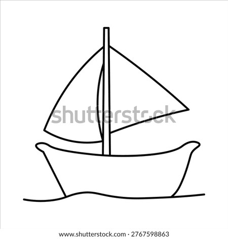 A simple black and white line art illustration of a sailboat with a mast and sail, depicted on gentle waves, against a plain white background.