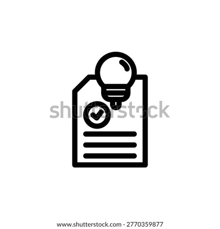 A simple black and white line art icon depicting a document with a checkmark and a lightbulb above it, symbolizing a new idea or successful task.