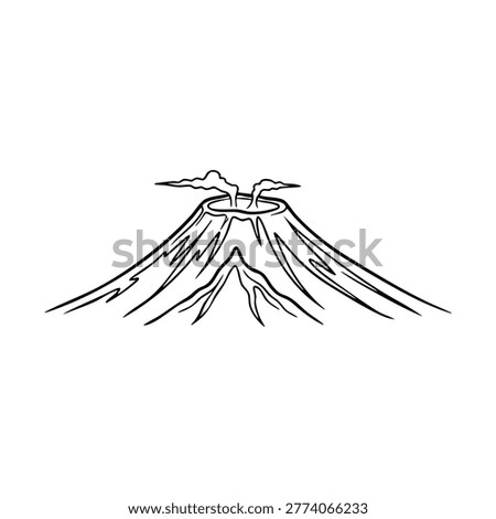 A simple black and white line art illustration depicts a smoking volcano, showcasing its conical shape and a plume of smoke rising from the crater.