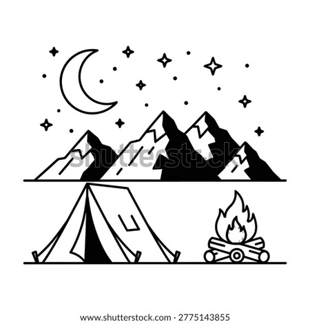 A simple black and white line art scene featuring a tent and a glowing campfire in the wilderness. Mountains, crescent moon, and stars create a peaceful night mood.
