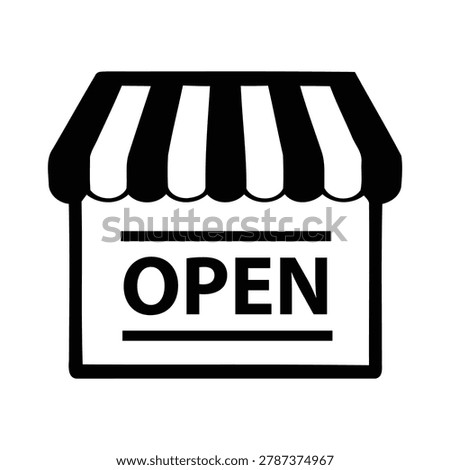 Simple black and white line art icon representing a small business shop front with a striped awning and the word OPEN displayed prominently on the sign below.