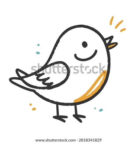 A simple black and white line art illustration of a happy cartoon bird with a small orange accent on its chest and chirping marks