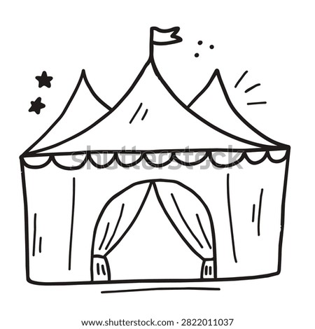 A simple black and white line art doodle of a circus tent with a flag on top and stars decorations.