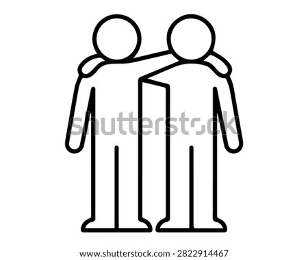 A simple black and white line art icon depicting two stick figures standing side by side with one person putting their arm around the other's shoulder.