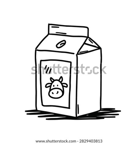 A simple black and white line art sketch of a milk carton container featuring a stylized cow face icon on the front panel