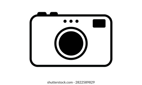 Simple black and white line of a compact digital camera with a lens and flash, isolated on a clean white background, for web use