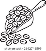 A simple black and white line drawing of coffee beans in a scoop with some beans spilled out.