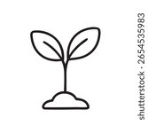 A simple, black and white line drawing of a small plant sprout emerging from a mound of soil.