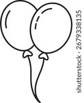 Simple black and white line drawing of two balloons tied together with strings, perfect for celebrations.