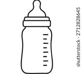 A simple black and white line drawing depicts a classic baby bottle suggesting infant feeding and care