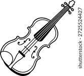 A simple black and white line drawing of a classical violin a stringed musical instrument isolated on a white background