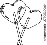 A simple black and white line drawing of two heart shaped lollipops on sticks.