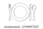Simple black and white line drawing of a complete table setting including a dinner plate, fork, knife, and spoon on white background.