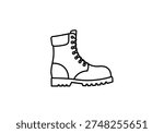 A simple black and white line drawing of a lace-up work boot with a thick tread is presented on a plain white background