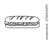 Simple black and white line drawing of a classic submarine sandwich