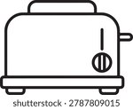 Simple black and white line drawing of a modern toaster featuring a control dial and lever handle