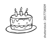 A simple black and white line drawing of a celebratory birthday cake with three lit candles on a platter