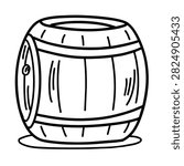 A simple black and white line drawing of a traditional wooden storage barrel with metal bands and a circular side bung hole.