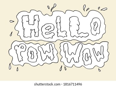 simple black and white line drawing cartoon comic book WOW,hello,POW symbol in diffrent style.