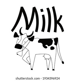 A simple black and white line drawing with a cow and the word Milk. Monochrome vector illustration isolated on white background.