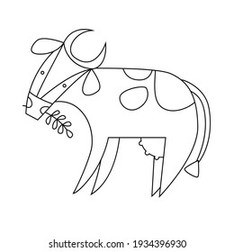 Simple black and white line drawing with a cow. Monochrome vector illustration isolated on white background.