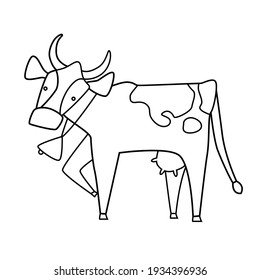 Simple Black And White Line Drawing With A Cow. Monochrome Vector Illustration Isolated On White Background.