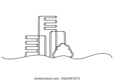 Dibujo simple en blanco y negro de edificios de la ciudad con un árbol en primer plano, perfecto para diseños modernos. 