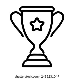 Simple black and white line drawing of a trophy with a star. Vector illustration