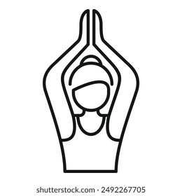 Simple black and white line drawing representing a person in a yoga pose with hands above the head