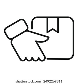 Simple black and white line drawing of a hand pointing to a book with a bookmark