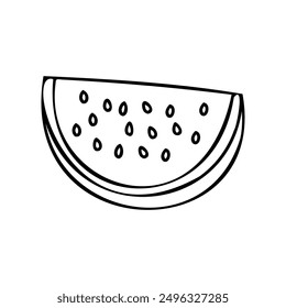 Einfache schwarz-weiße Linienzeichnung einer Wassermelone Scheibe mit Samen die saftige und frische Essenz dieser Sommerfrucht. Ideal für die Verwendung in Lebensmittelillustrationen, saisonalen Designs und minimalistischen Kunstprojekten