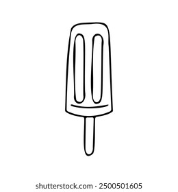 A simple black and white line drawing of a popsicle. Ideal for summer-themed graphics, dessert icons, or minimalist designs