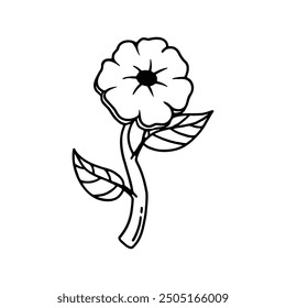 A simple black and white line drawing of a single flower with a curved stem and two leaves.