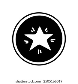 A simple black and white line drawing of a circular emblem featuring a prominent star at the center.