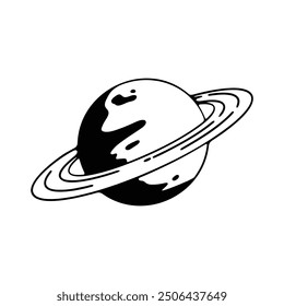 A simple black and white line drawing of a planet with rings, reminiscent of Saturn.