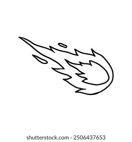 A simple black and white line drawing of a flaming comet streaking through space.