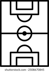 Simple black and white line drawing of a soccer field with central circle, halfway line, and goal areas.