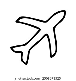 Simples desenho de linha preto e branco de uma silhueta de avião. Perfeito para projetos de viagens, aviação e transporte, este ícone minimalista é ideal para infográficos, logotipos e projetos gráficos