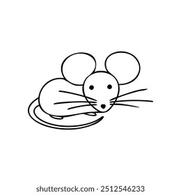 Simples desenho de linha preto e branco de um mouse. Uma ilustração fofa e minimalista adequada para projetos infantis, materiais educativos, desenhos animados e projetos com temas animais