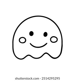 A simple black and white line drawing of a cute ghost with a smiling face.