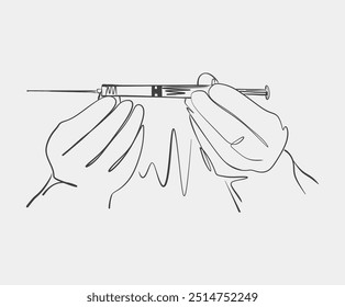 Simple black and white line drawing depicting hands holding a syringe, illustrating medical themes with a minimalistic style.