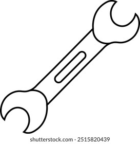 Simple black and white line drawing illustration of a wrench