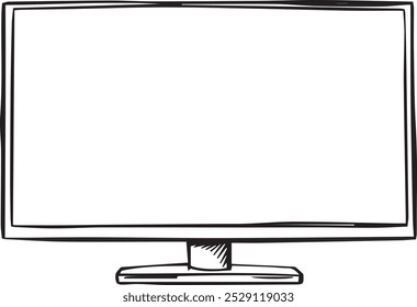 Dibujo de línea en blanco y negro simple de un televisor de pantalla plana con una pantalla ancha y un soporte. La Imagen recuerda a un boceto que sugiere un estilo de diseño rápido e informal.