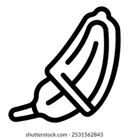 Simple black and white line drawing of a knife cutting a banana open lengthwise