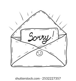 A simple black and white line drawing of an open envelope with a handwritten card that says "Sorry!" The envelope has a smiley face on the flap, conveying a lighthearted apology.