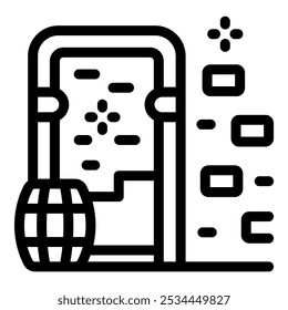 Simple black and white line drawing of a treasure map showing the path to riches with a wooden barrel and stone wall