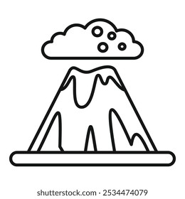 Simple black and white line drawing of a volcano erupting with an ash cloud