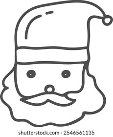 A simple black and white line drawing of Santa Claus's face, featuring his iconic hat, beard, and mustache. Perfect for holiday-themed designs and Christmas decorations.